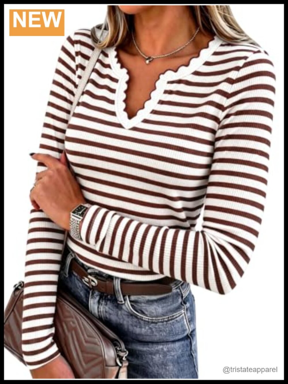 Striped Sweater Polo V Neck Long Sleeve Ribbed Knit Pullover Top